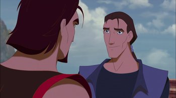 Movie still from “Sinbad: Legend of the Seven Seas” (2003), directed by Tim Johnson – A man with long black hair is looking at another man with long black hair; Close Up shot, Over the shoulder angle