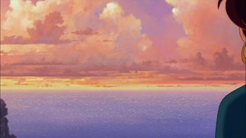 Movie still from “Sinbad: Legend of the Seven Seas” (2003), directed by Tim Johnson – An oil painting of the sky and the ocean at sunset; Extreme Wide shot, Low angle