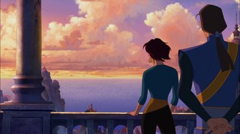 Movie still from “Sinbad: Legend of the Seven Seas” (2003), directed by Tim Johnson – A woman holding an umbrella looking out over the ocean; Wide shot, Low angle