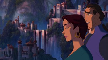 Movie still from “Sinbad: Legend of the Seven Seas” (2003), directed by Tim Johnson – A painting of a woman in front of a castle; Medium shot, Over the shoulder angle