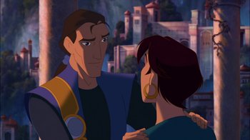 Movie still from “Sinbad: Legend of the Seven Seas” (2003), directed by Tim Johnson – A man and a woman standing next to each other in front of a castle; Close Up shot, Over the shoulder angle