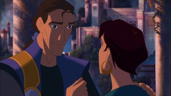 Movie still from “Sinbad: Legend of the Seven Seas” (2003), directed by Tim Johnson – A man and a woman talking to each other; Medium shot, Over the shoulder angle