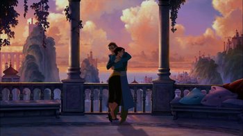 Movie still from “Sinbad: Legend of the Seven Seas” (2003), directed by Tim Johnson – A painting of a man and a woman hugging; Wide shot, Low angle