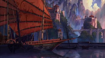 Movie still from “Sinbad: Legend of the Seven Seas” (2003), directed by Tim Johnson – A painting of a boat in the middle of the water; Extreme Wide shot, Low angle