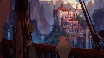 Movie still from “Sinbad: Legend of the Seven Seas” (2003), directed by Tim Johnson – An animal sitting on top of a wooden railing looking out a window; Extreme Wide shot, Low angle
