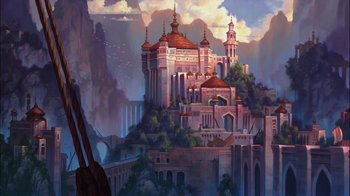 Movie still from “Sinbad: Legend of the Seven Seas” (2003), directed by Tim Johnson – An artistic painting of a castle on top of a mountain; Extreme Wide shot, Low angle