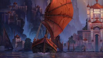 Movie still from “Sinbad: Legend of the Seven Seas” (2003), directed by Tim Johnson – A painting of a boat sailing on the water; Extreme Wide shot, Low angle