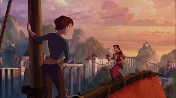 Movie still from “Sinbad: Legend of the Seven Seas” (2003), directed by Tim Johnson – A painting of two people on a wooden rail; Extreme Wide shot, Low angle
