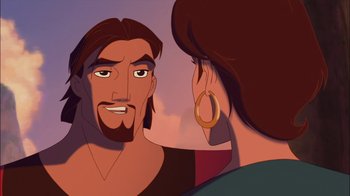 Movie still from “Sinbad: Legend of the Seven Seas” (2003), directed by Tim Johnson – A man and a woman looking at one another; Close Up shot, Over the shoulder angle