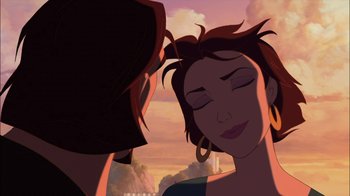 Movie still from “Sinbad: Legend of the Seven Seas” (2003), directed by Tim Johnson – Two people are looking at each other in a sunset scene; Close Up shot, Over the shoulder angle