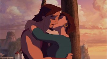 Movie still from “Sinbad: Legend of the Seven Seas” (2003), directed by Tim Johnson – A man and a woman kissing in front of a tree; Medium shot, Low angle