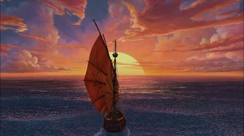 Movie still from “Sinbad: Legend of the Seven Seas” (2003), directed by Tim Johnson – A sail boat floating in the ocean at sunset; Extreme Wide shot, Low angle