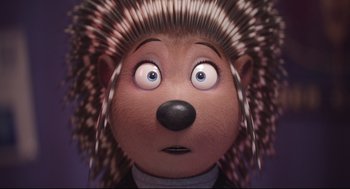 Movie still from “Sing” (2016), directed by Christophe Lourdelet – The head and face of a cartoon character; Close Up shot, High angle