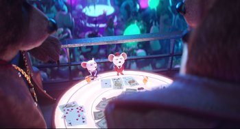 Movie still from “Sing” (2016), directed by Christophe Lourdelet – A couple of mice sitting on top of a table; Wide shot, High angle