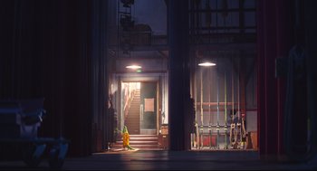 Movie still from “Sing” (2016), directed by Christophe Lourdelet – A fire hydrant sitting in the middle of a building; Extreme Wide shot, Low angle