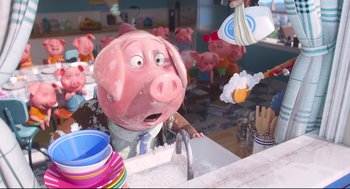 Movie still from “Sing” (2016), directed by Christophe Lourdelet – A cartoon pig in the sink of a kitchen; Medium shot, High angle