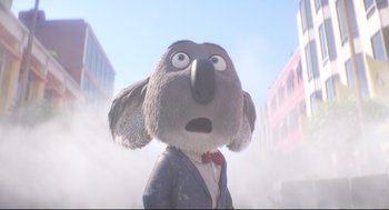 Movie still from “Sing” (2016), directed by Christophe Lourdelet – A cartoon of a dog wearing a suit and bow tie; Close Up shot, Low angle