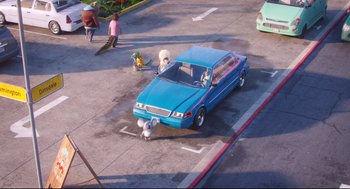 Movie still from “Sing” (2016), directed by Christophe Lourdelet – A blue car parked in a parking lot next to a fire hydrant; Wide shot, High angle
