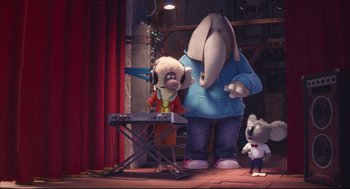 Movie still from “Sing” (2016), directed by Christophe Lourdelet – A group of cartoon characters standing next to each other; Wide shot, Low angle