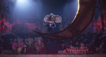 Movie still from “Sing” (2016), directed by Christophe Lourdelet – A scene from the animated movie sing; Wide shot, Low angle
