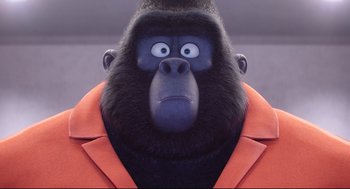 Movie still from “Sing” (2016), directed by Christophe Lourdelet – An animated gorilla wearing an orange jacket; Close Up shot, Low angle