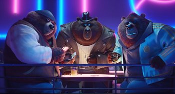 Movie still from “Sing” (2016), directed by Christophe Lourdelet – A group of bears standing next to each other in a room; Wide shot, Low angle