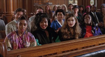 Movie still from “Sister Act” (1992), directed by Emile Ardolino – A group of people sitting in front of an organ; Medium shot, High angle