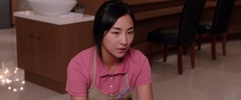 Movie still from “Sisters” (2015), directed by Jason Moore – A woman wearing an apron is sitting in a room; Close Up shot, High angle