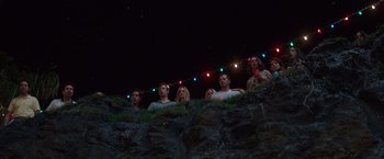 Movie still from “Sisters” (2015), directed by Jason Moore – A group of people standing on top of a hill at night; Wide shot, Low angle