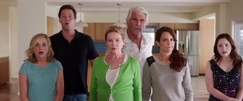 Movie still from “Sisters” (2015), directed by Jason Moore – A group of people standing next to each other in a room; Medium shot, Low angle