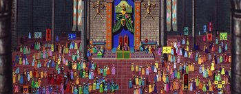 Movie still from “Sleeping Beauty” (1959), directed by Wolfgang Reitherman – A painting of a crowd of people gathered in front of a building; Extreme Wide shot, Low angle