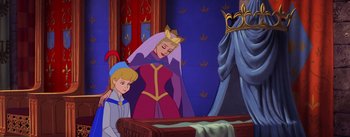Movie still from “Sleeping Beauty” (1959), directed by Wolfgang Reitherman – A couple of people standing next to each other in front of a bed; Wide shot, Over the shoulder angle