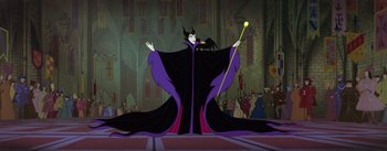 Movie still from “Sleeping Beauty” (1959), directed by Wolfgang Reitherman – A maleficent character in a scene from disney's sleeping beauty; Wide shot, Low angle