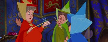 Movie still from “Sleeping Beauty” (1959), directed by Wolfgang Reitherman – A group of people standing next to each other in a room; Medium shot, Low angle