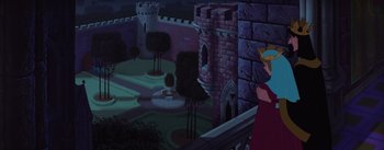 Movie still from “Sleeping Beauty” (1959), directed by Wolfgang Reitherman – A castle is shown with a princess in it; Extreme Wide shot, High angle
