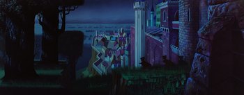 Movie still from “Sleeping Beauty” (1959), directed by Wolfgang Reitherman – A painting of a castle in the middle of the night; Extreme Wide shot, High angle