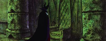 Movie still from “Sleeping Beauty” (1959), directed by Wolfgang Reitherman – A painting of maleficent standing in front of a throne; Wide shot, High angle