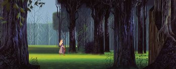 Movie still from “Sleeping Beauty” (1959), directed by Wolfgang Reitherman – A painting of a woman walking through the woods; Extreme Wide shot, High angle