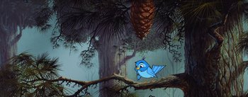 Movie still from “Sleeping Beauty” (1959), directed by Wolfgang Reitherman – A bird sitting on top of a tree branch in a forest; Wide shot, Low angle