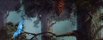 Movie still from “Sleeping Beauty” (1959), directed by Wolfgang Reitherman – A painting of a pine cone hanging from a tree; Extreme Wide shot, Low angle