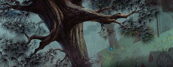 Movie still from “Sleeping Beauty” (1959), directed by Wolfgang Reitherman – An artistic painting of a tree in the middle of a forest; Extreme Wide shot, Low angle