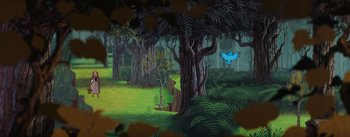 Movie still from “Sleeping Beauty” (1959), directed by Wolfgang Reitherman – An illustration of a forest with trees and a blue bird flying; Extreme Wide shot, High angle