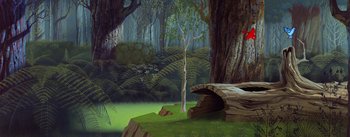 Movie still from “Sleeping Beauty” (1959), directed by Wolfgang Reitherman – An animated forest scene with a tree and a bench; Extreme Wide shot, Low angle