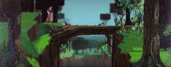Movie still from “Sleeping Beauty” (1959), directed by Wolfgang Reitherman – An artistic view of a forest with trees and a bridge; Extreme Wide shot, High angle