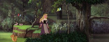 Movie still from “Sleeping Beauty” (1959), directed by Wolfgang Reitherman – A painting of a woman standing in the woods; Wide shot, Over the shoulder angle