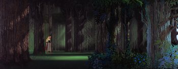 Movie still from “Sleeping Beauty” (1959), directed by Wolfgang Reitherman – A painting of a forest with a pond in the foreground; Extreme Wide shot, Low angle