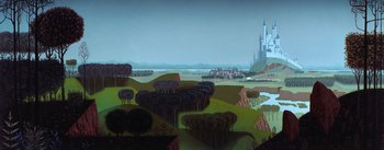 Movie still from “Sleeping Beauty” (1959), directed by Wolfgang Reitherman – An artistic painting of a castle and a forest; Extreme Wide shot, High angle