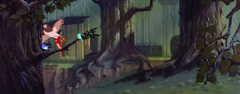 Movie still from “Sleeping Beauty” (1959), directed by Wolfgang Reitherman – An artistic painting of a tree and a building; Extreme Wide shot, Low angle