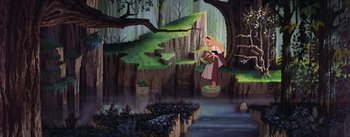 Movie still from “Sleeping Beauty” (1959), directed by Wolfgang Reitherman – A painting of a woman standing in a forest; Extreme Wide shot, High angle