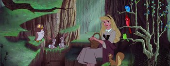 Movie still from “Sleeping Beauty” (1959), directed by Wolfgang Reitherman – A woman in a forest with a basket of food and two rabbits; Wide shot, Low angle